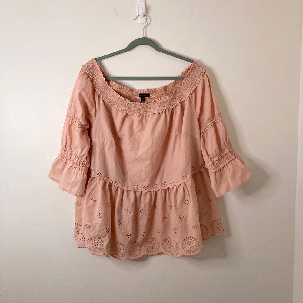 Cottagecore Pink Eyelet Embroidered Off Shoulder Peasant Blouse 24 100% Cotton